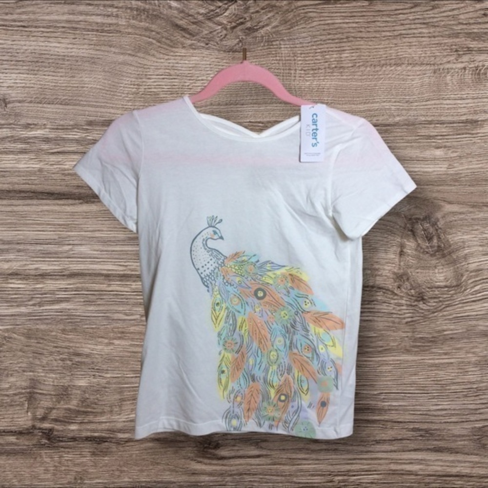 NWT Carter’s white short sleeve peacock T-shirt. Size 14.